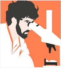 Drawn researcher with a white coat, black hair and full beard, looking into a white microscope against an orange background, under which a white pillow and a white blanket lie in a small black bed..